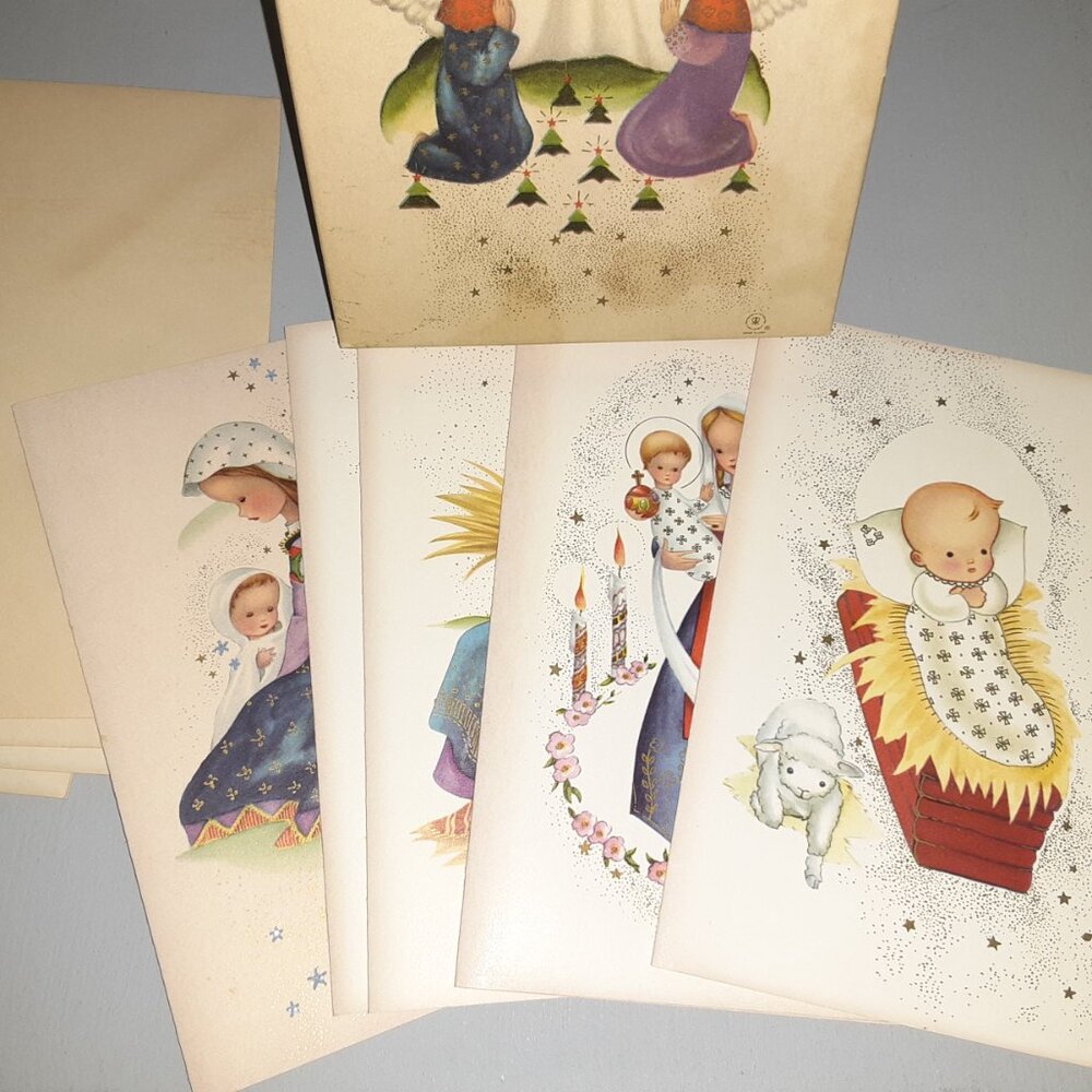 MCM Vintage Christmas Cards * 5 Boxed Cards / 4 Envelopes * Stardust c1950-60